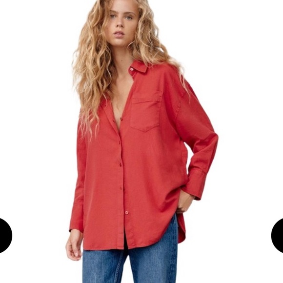 Zara Tops - NWT Zara Red Linen Over Sized Blend Button up shirt Size Small